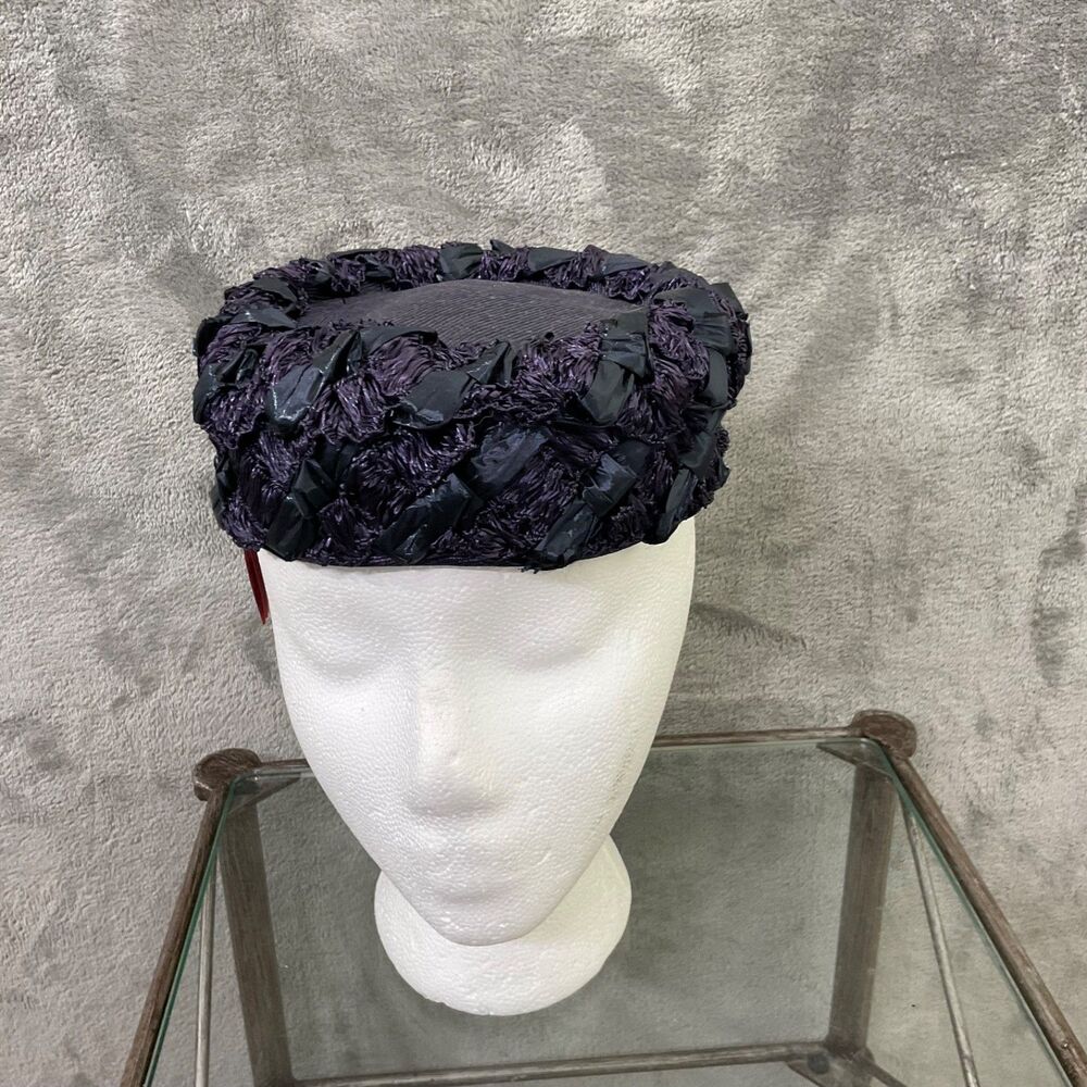 Vintage Women's textured Pill Box Hat with Hair Clips One size Navy Lined Volk